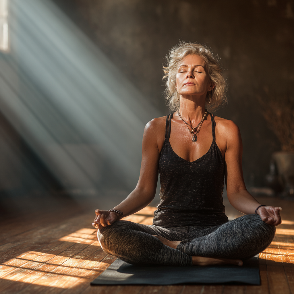 Peaceful mature woman in her fifties practicing meditation pose on yoga mat in serene studio setting with natural lighting